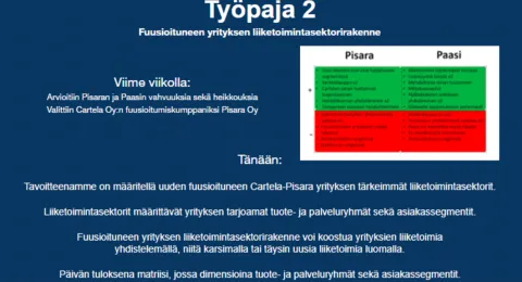 Kuvakaappaus työpajan agendasta, jossa on määritelty fuusioituneen yrityksen tärkeimmät liiketoimintasektorit.