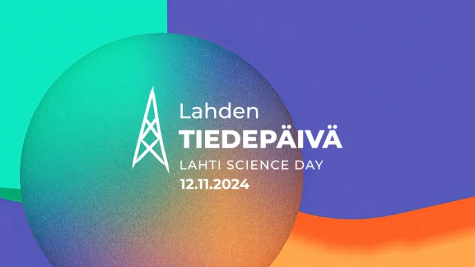 Lahden Tiedepäivän logo ja päivämäärä. Kuvassa on värikkäitä kuvioita. 