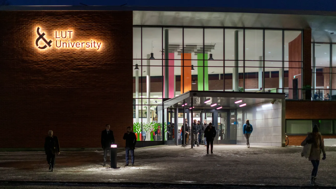 LUT University Lappeenranta campus logo at night